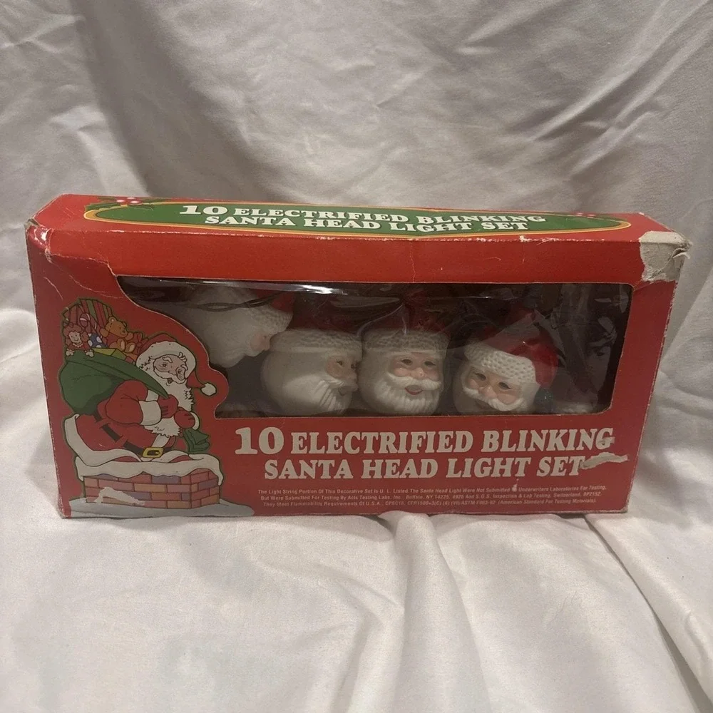 Vintage 10 Electrified Blinking Santa Head Christmas Light Set (1993) - NEW